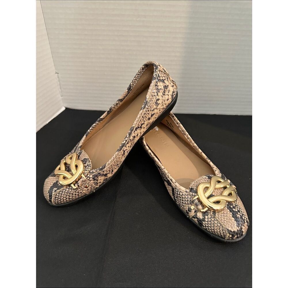 AEROSOLES Snake-Print Loafers with Gold Hardware - Beige/Black Size 7